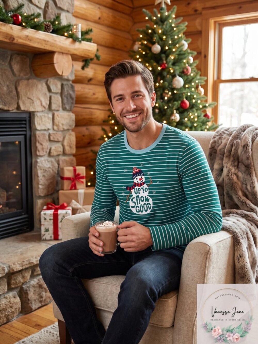 LITTLE Blue House by Hatley Mens Long Sleeve Pajama Tee Vintage Holiday, Medium